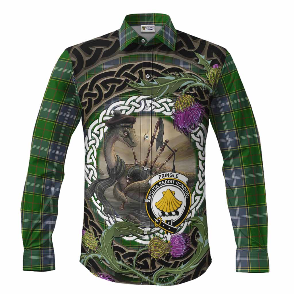 Pringle Tartan Crest Bagpipe Nessie Long Sleeve Button Shirts Scottish Loch Ness Monster Celtic Thistle