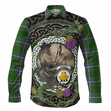 Pringle Tartan Crest Bagpipe Nessie Long Sleeve Button Shirts Scottish Loch Ness Monster Celtic Thistle