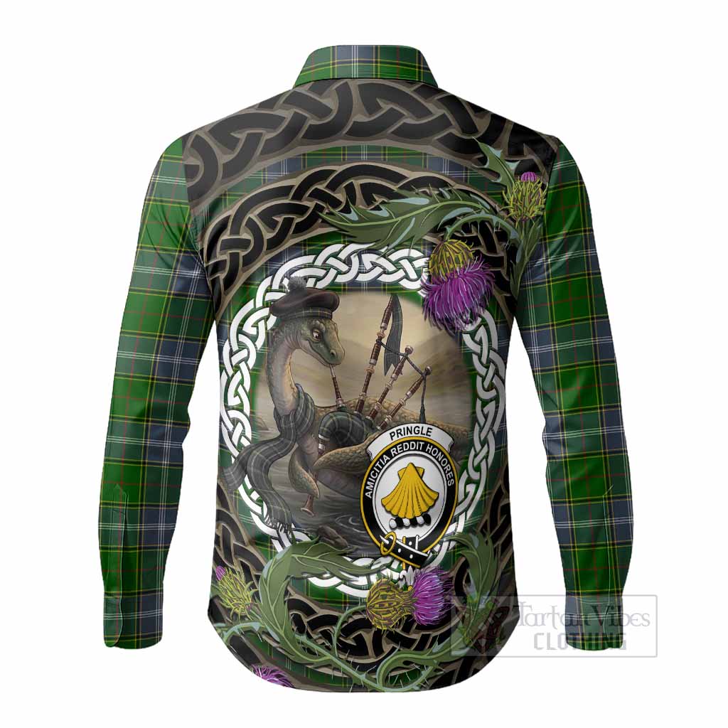 Pringle Tartan Crest Bagpipe Nessie Long Sleeve Button Shirts Scottish Loch Ness Monster Celtic Thistle