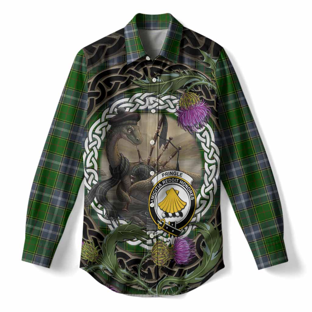 Pringle Tartan Crest Bagpipe Nessie Women Casual Shirt Scottish Loch Ness Monster Celtic Thistle