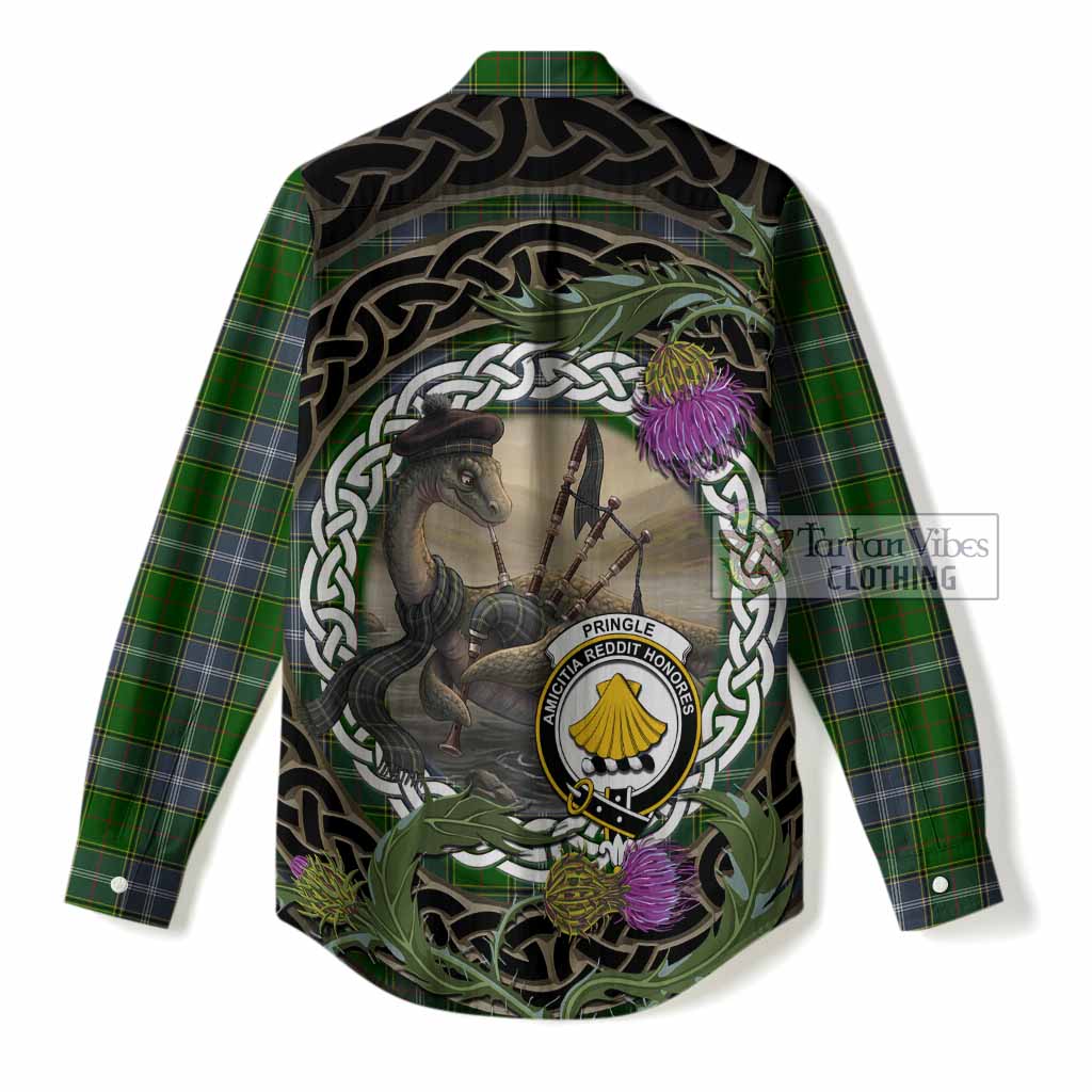 Pringle Tartan Crest Bagpipe Nessie Women Casual Shirt Scottish Loch Ness Monster Celtic Thistle