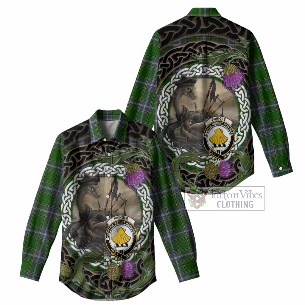 Pringle Tartan Crest Bagpipe Nessie Women Casual Shirt Scottish Loch Ness Monster Celtic Thistle