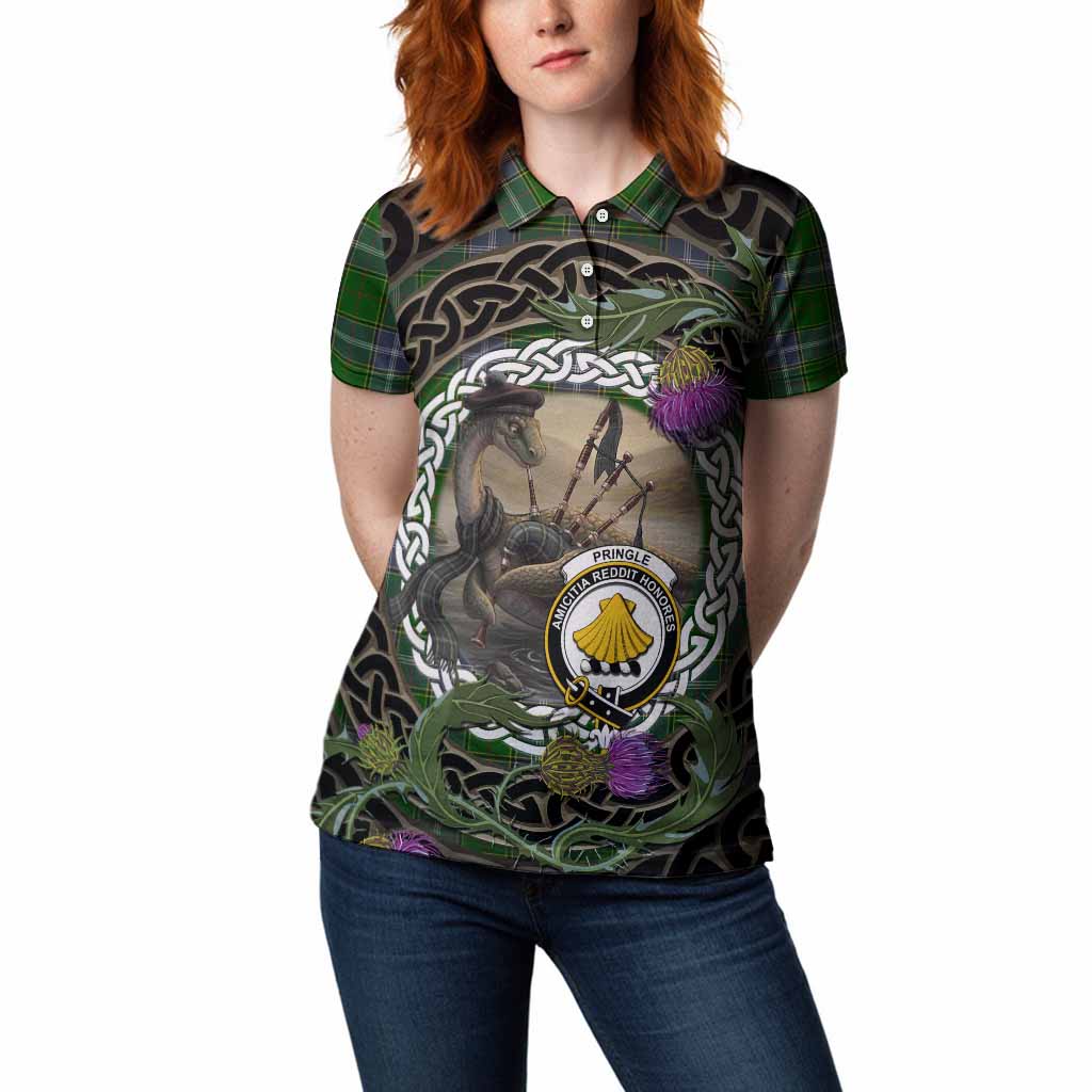 Pringle Tartan Crest Bagpipe Nessie Women Polo Shirt Scottish Loch Ness Monster Celtic Thistle