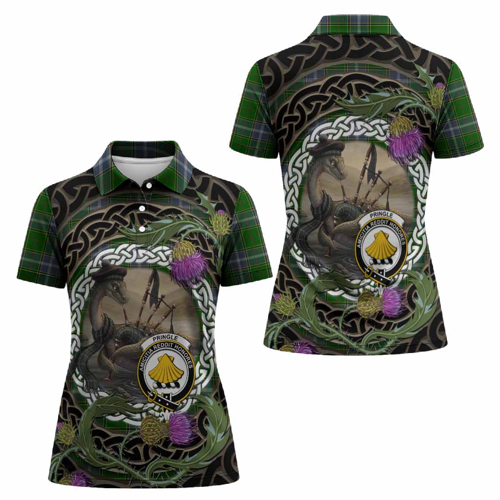 Pringle Tartan Crest Bagpipe Nessie Women Polo Shirt Scottish Loch Ness Monster Celtic Thistle