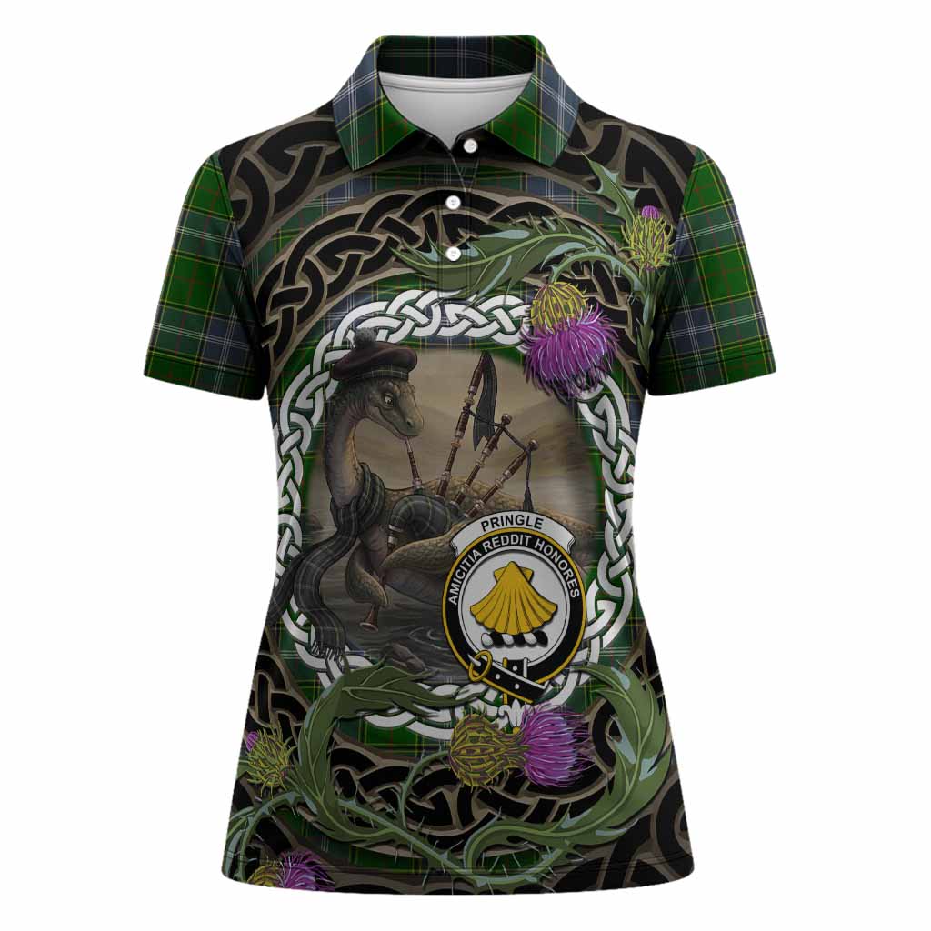 Pringle Tartan Crest Bagpipe Nessie Women Polo Shirt Scottish Loch Ness Monster Celtic Thistle