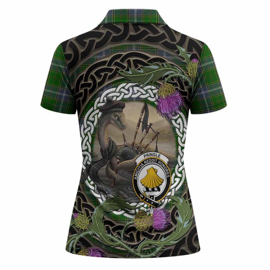 Pringle Tartan Crest Bagpipe Nessie Women Polo Shirt Scottish Loch Ness Monster Celtic Thistle