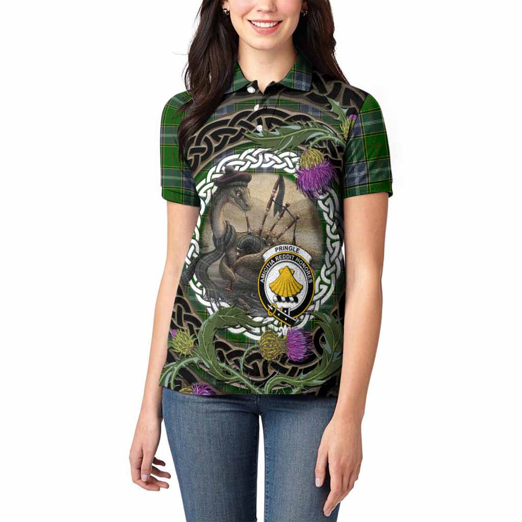 Pringle Tartan Crest Bagpipe Nessie Women Polo Shirt Scottish Loch Ness Monster Celtic Thistle