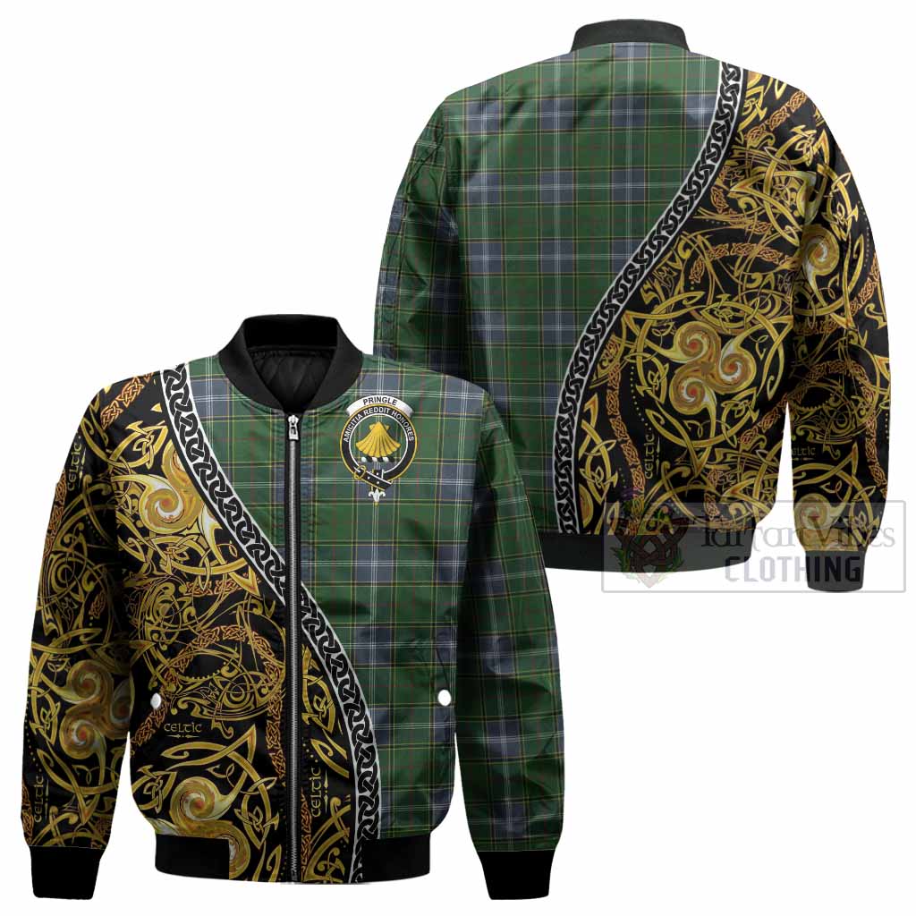 Pringle Tartan Crest Bomber Jacket Celtic Knot and Triple Trickle Spiral Symbols