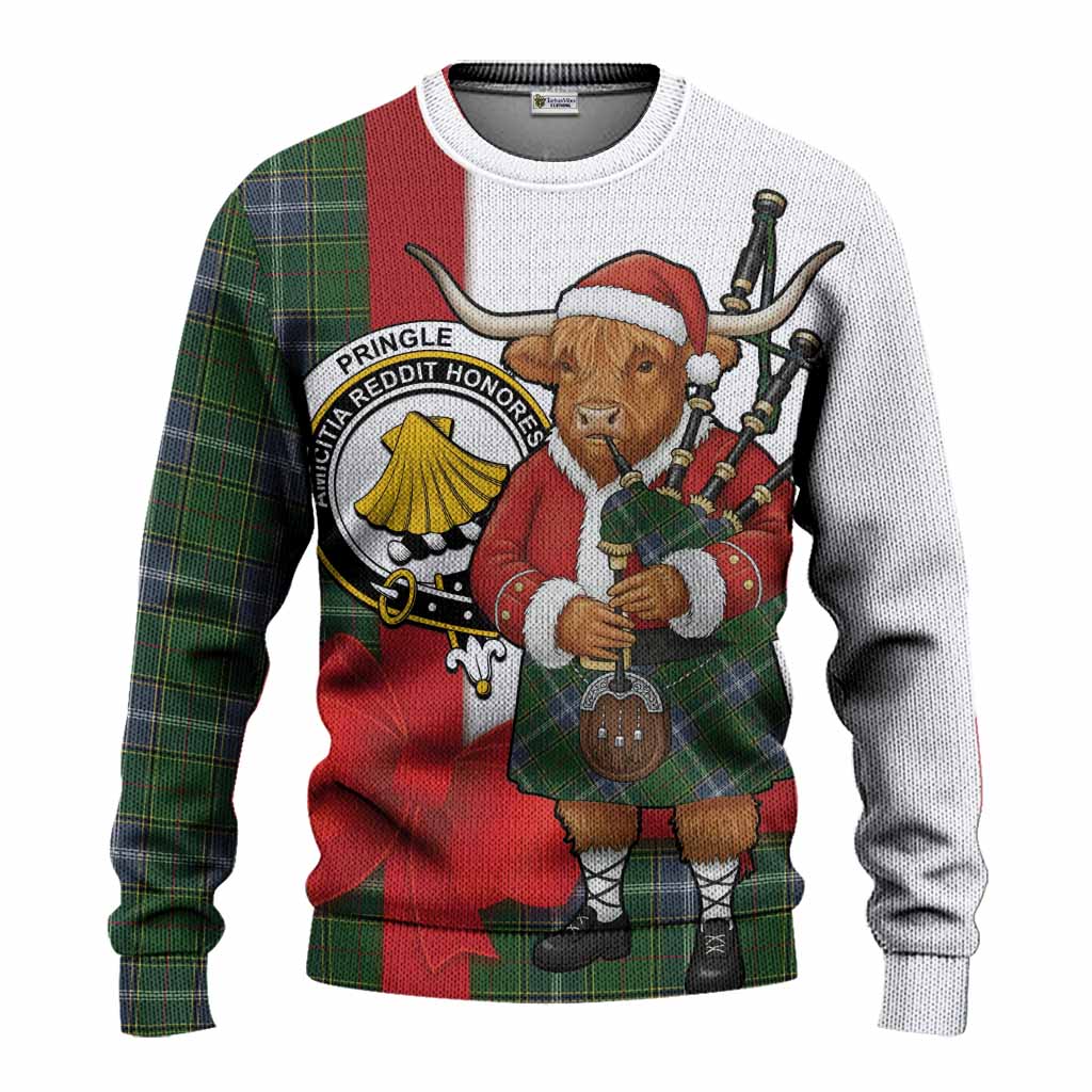 Pringle Tartan Crest Christmas Christmas Ugly Sweater Highland Cow Bagpipes Coquette Bow Style