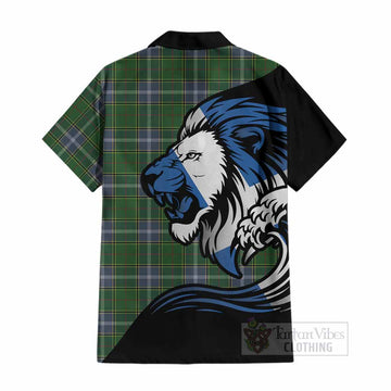 Pringle Tartan Crest Cotton Hawaiian Shirt Scottish Golden Lions Wave Flow