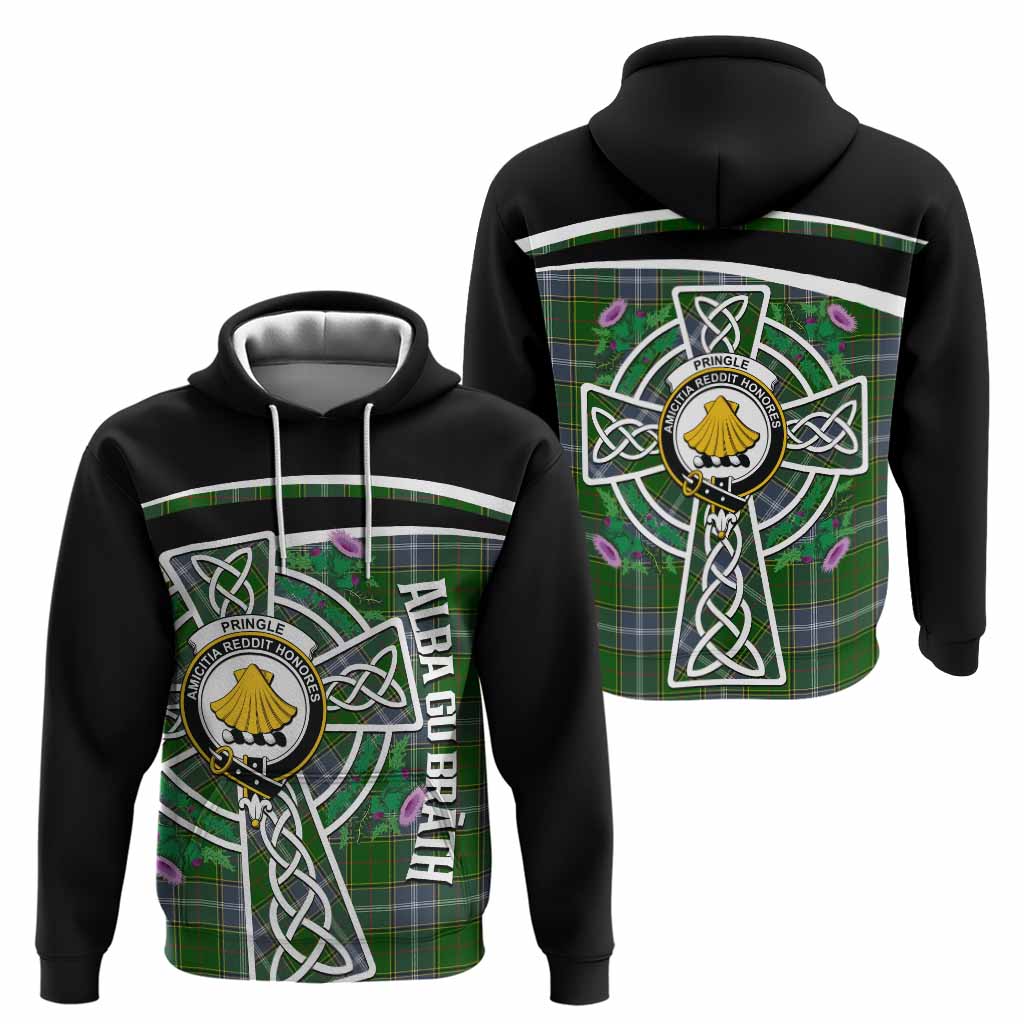 Pringle Tartan Crest Hoodie Scottish Thistle Celtic Cross Alba Gu Brath