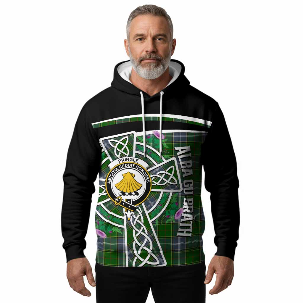 Pringle Tartan Crest Hoodie Scottish Thistle Celtic Cross Alba Gu Brath