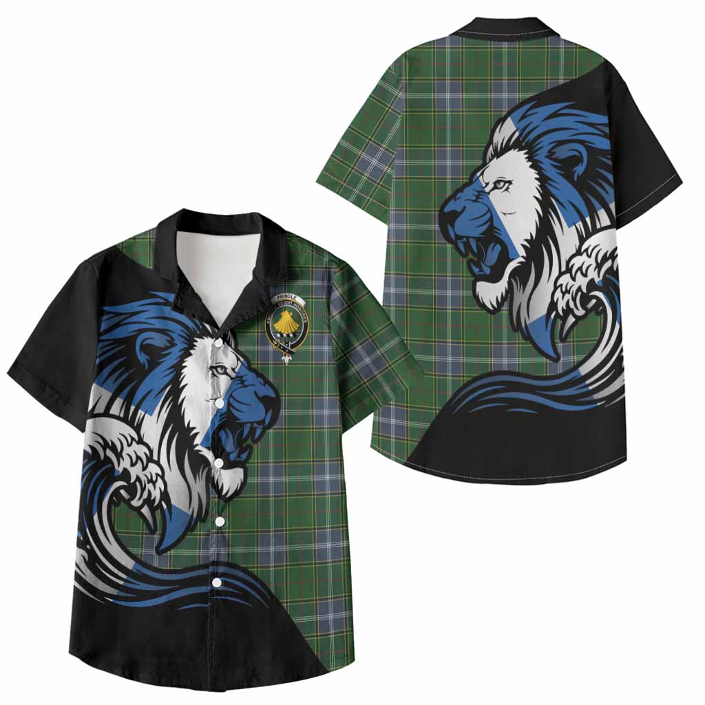 Pringle Tartan Crest Kid Hawaiian Shirt Scottish Golden Lions Wave Flow