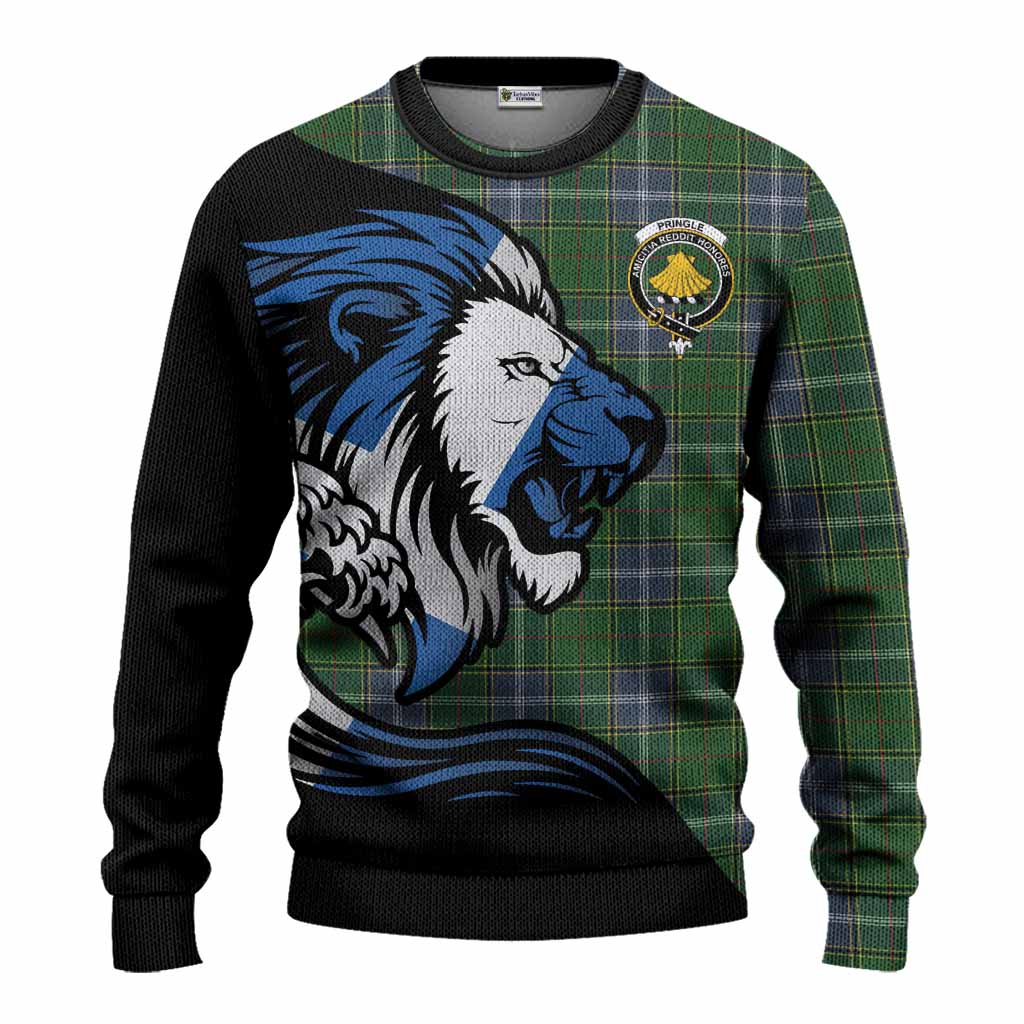 Pringle Tartan Crest Knitted Sweater Scottish Golden Lions Wave Flow