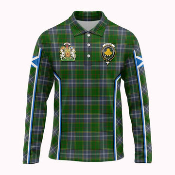 Pringle Tartan Crest Long Sleeve Polo Shirt Scotland Coat of Arm Flag Style