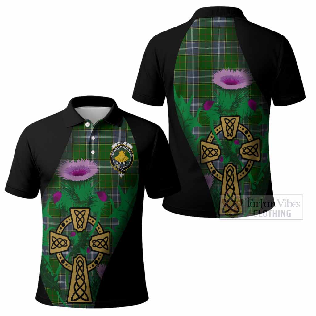 Pringle Tartan Crest Polo Shirt Celtic Cross Thistle Flowers