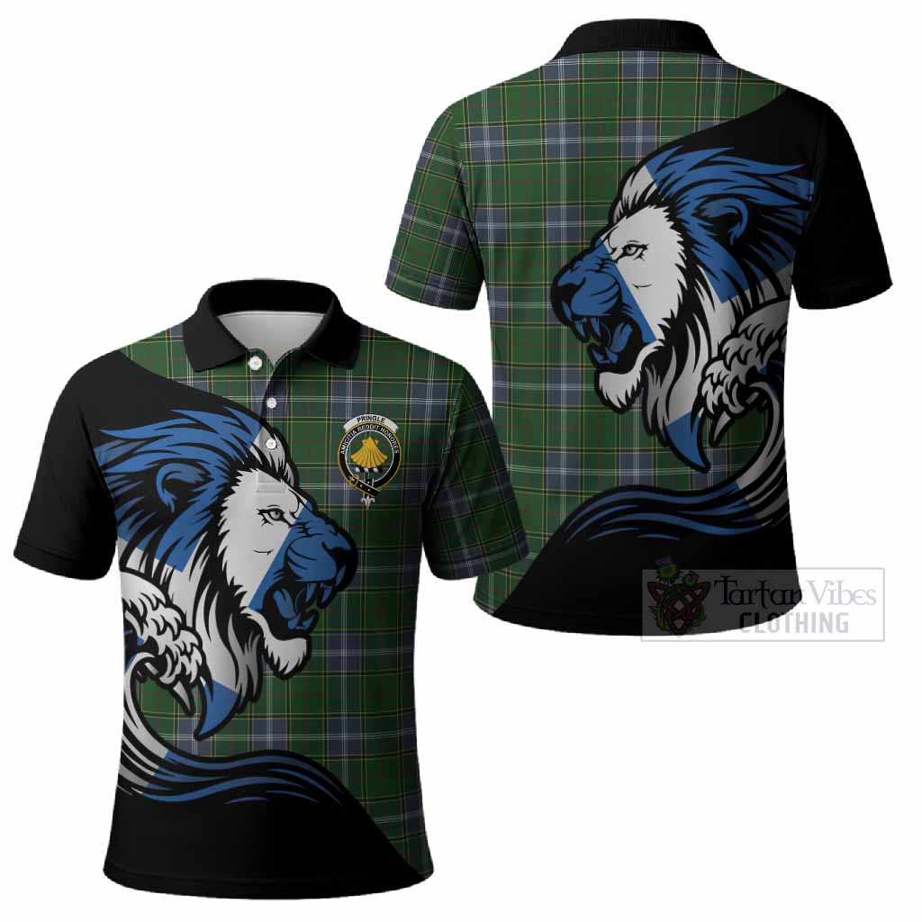 Pringle Tartan Crest Polo Shirt Scottish Golden Lions Wave Flow