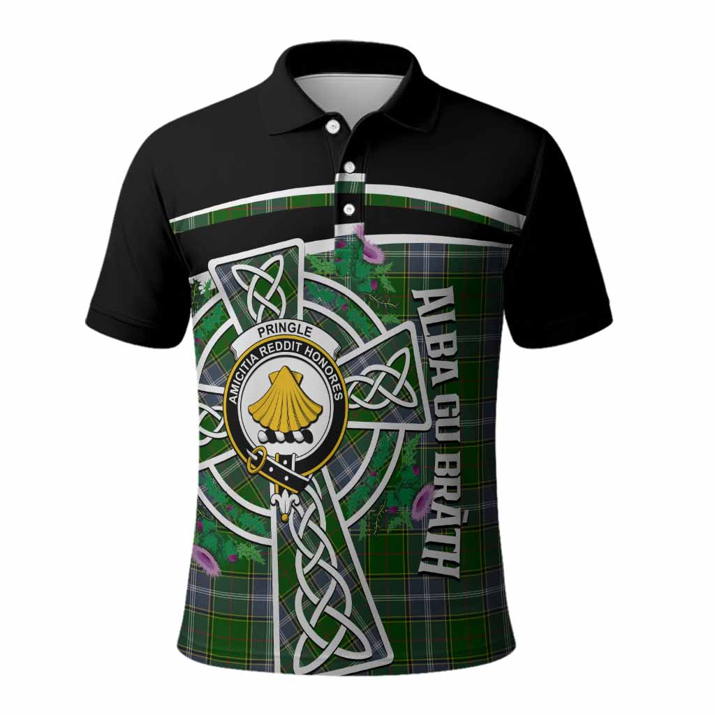 Pringle Tartan Crest Polo Shirt Scottish Thistle Celtic Cross Alba Gu Brath