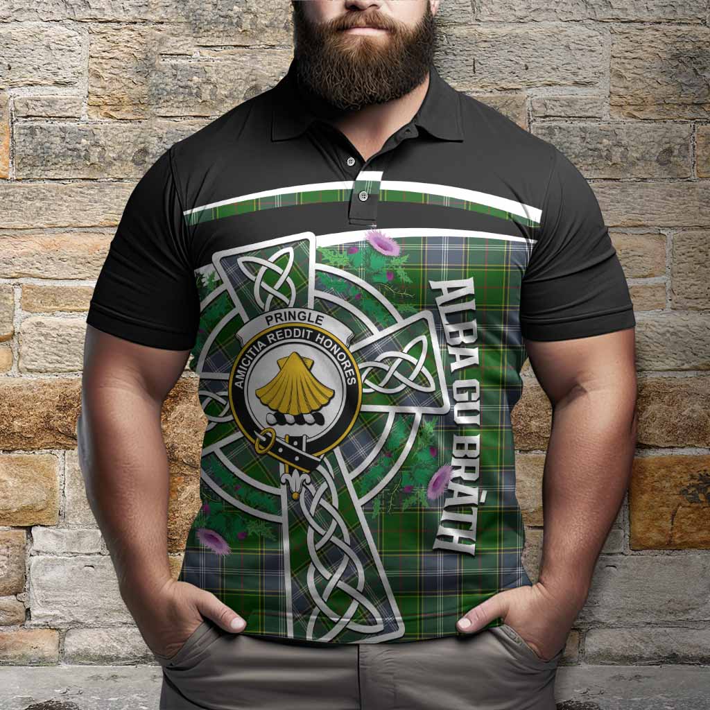 Pringle Tartan Crest Polo Shirt Scottish Thistle Celtic Cross Alba Gu Brath