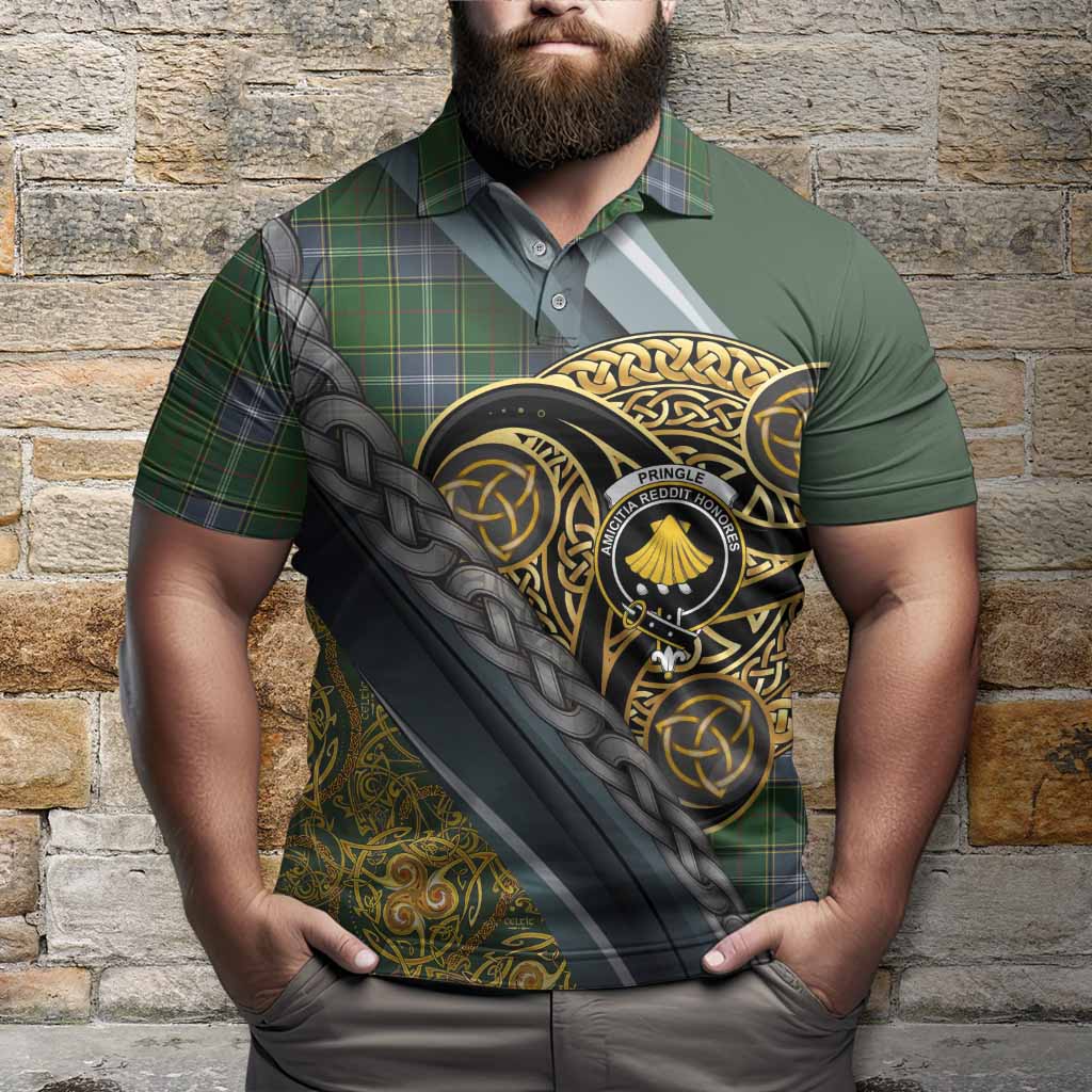 Pringle Tartan Crest Polo Shirt Scottish Triskele Celtic
