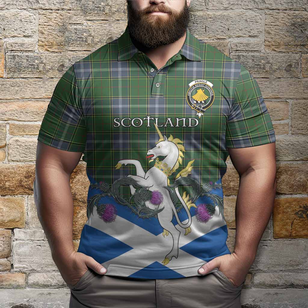 Pringle Tartan Crest Polo Shirt Scottish Unicorn With Thistle - Tartan Vibes Clothing