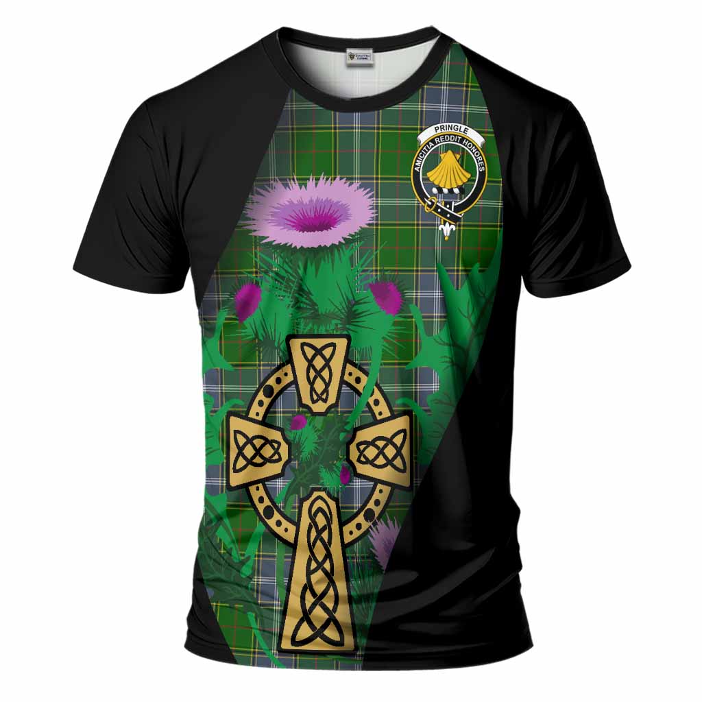 Pringle Tartan Crest T-Shirt Celtic Cross Thistle Flowers