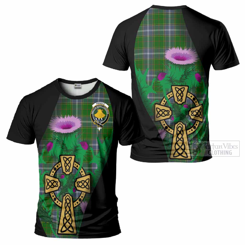 Pringle Tartan Crest T-Shirt Celtic Cross Thistle Flowers