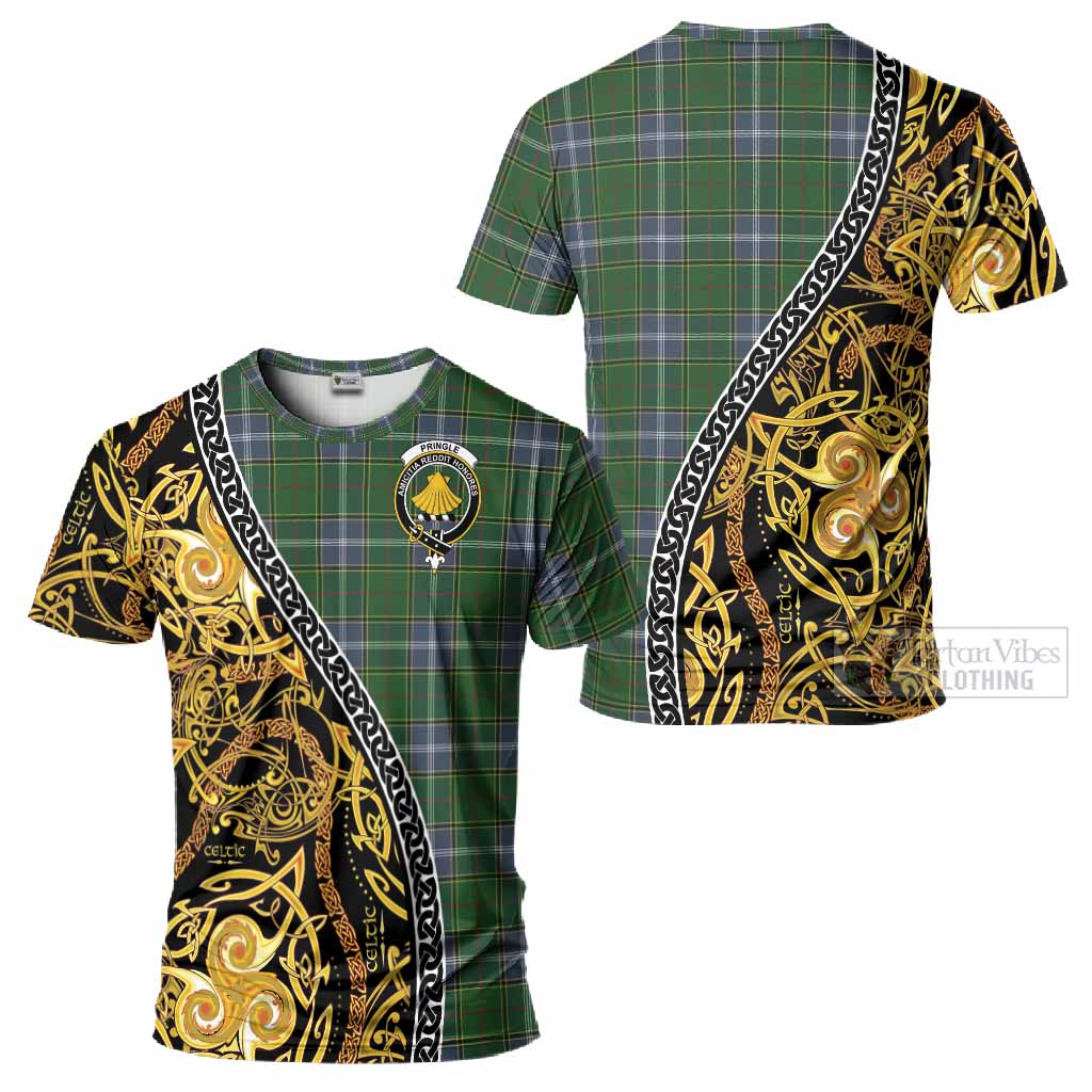 Pringle Tartan Crest T-Shirt Celtic Knot and Triple Trickle Spiral Symbols