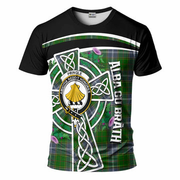 Pringle Tartan Crest T-Shirt Scottish Thistle Celtic Cross Alba Gu Brath