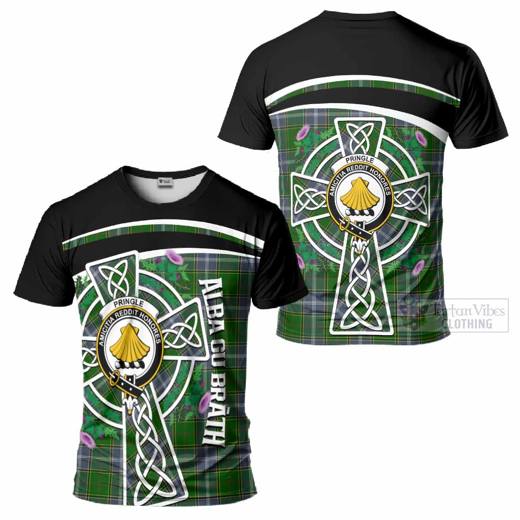 Pringle Tartan Crest T-Shirt Scottish Thistle Celtic Cross Alba Gu Brath