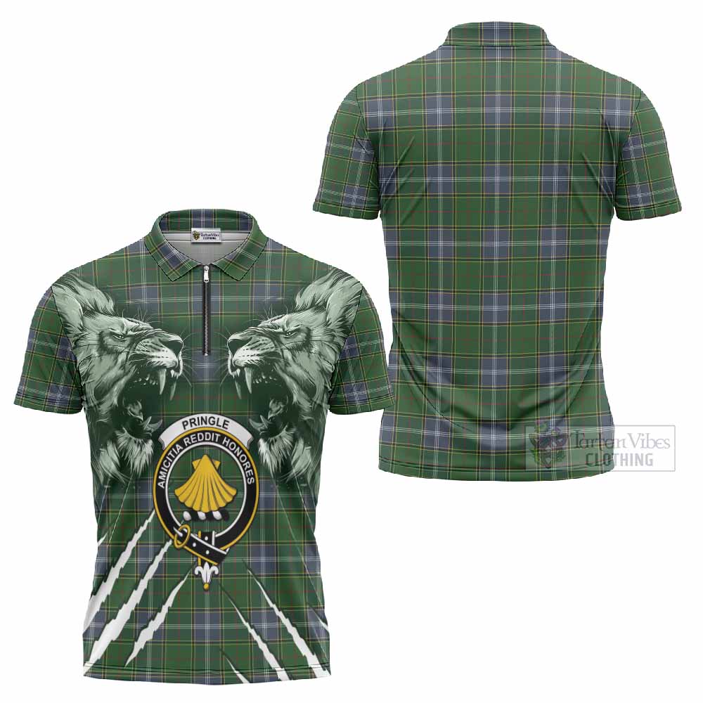 Pringle Tartan Crest Zipper Polo Shirt Ferocious Lion Style
