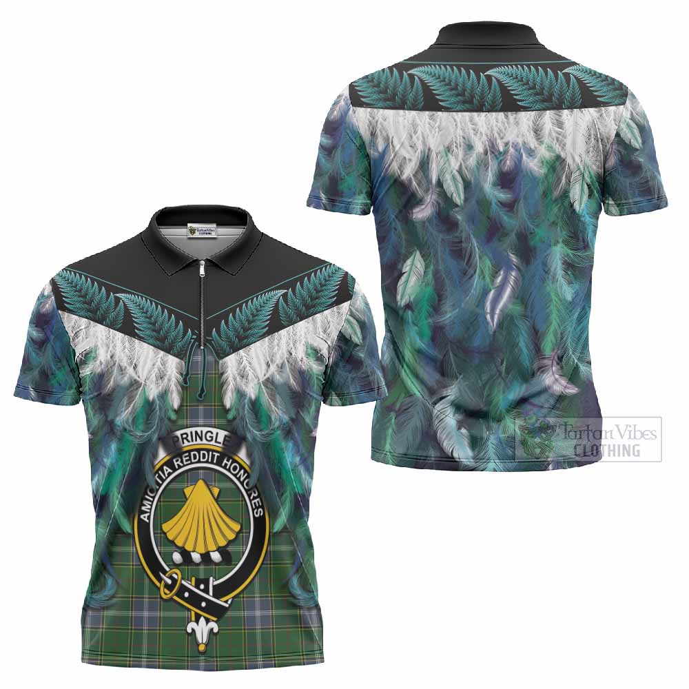 Pringle Tartan Crest Zipper Polo Shirt New Zealand Maori Korowai Cloak
