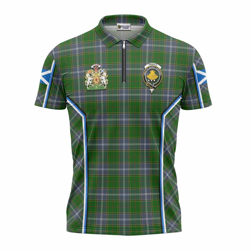 Pringle Tartan Crest Zipper Polo Shirt Scotland Coat of Arm Flag Style - Tartan Vibes Clothing