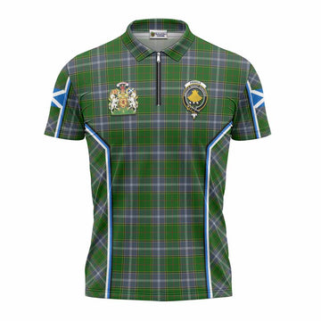 Pringle Tartan Crest Zipper Polo Shirt Scotland Coat of Arm Flag Style