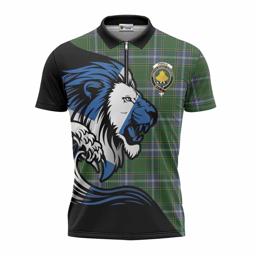Pringle Tartan Crest Zipper Polo Shirt Scottish Golden Lions Wave Flow