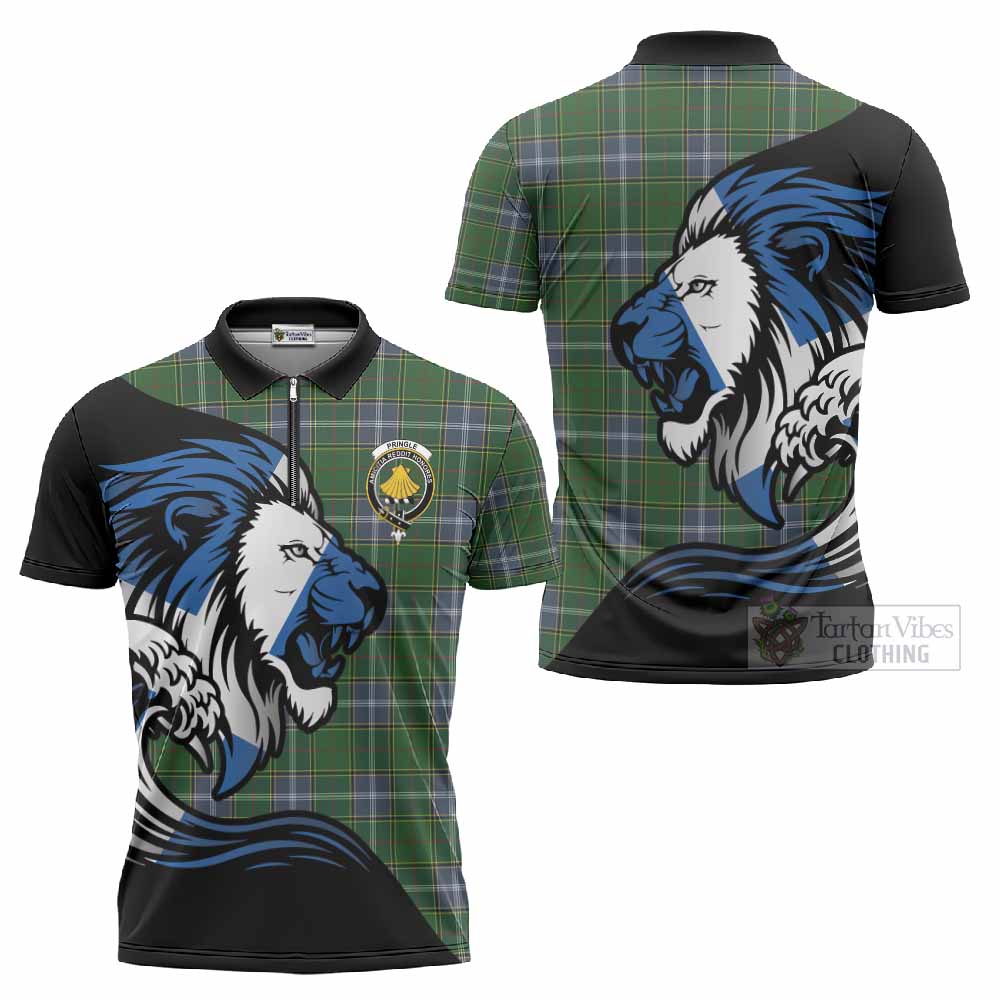 Pringle Tartan Crest Zipper Polo Shirt Scottish Golden Lions Wave Flow