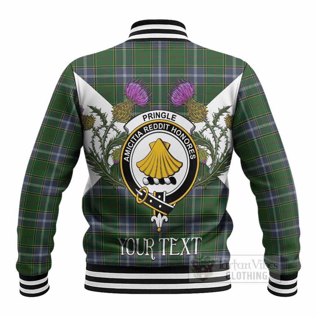 Pringle Tartan Family Crest Baseball Jacket Scottish Burns Night Thistle Floral