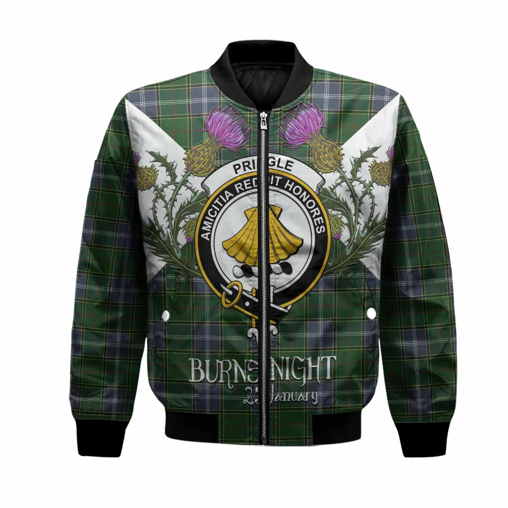 Pringle Tartan Family Crest Bomber Jacket Scottish Burns Night Thistle Floral