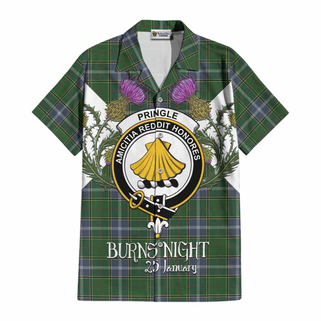 Pringle Tartan Family Crest Cotton Hawaiian Shirt Scottish Burns Night Thistle Floral