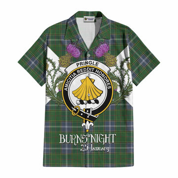 Pringle Tartan Family Crest Cotton Hawaiian Shirt Scottish Burns Night Thistle Floral