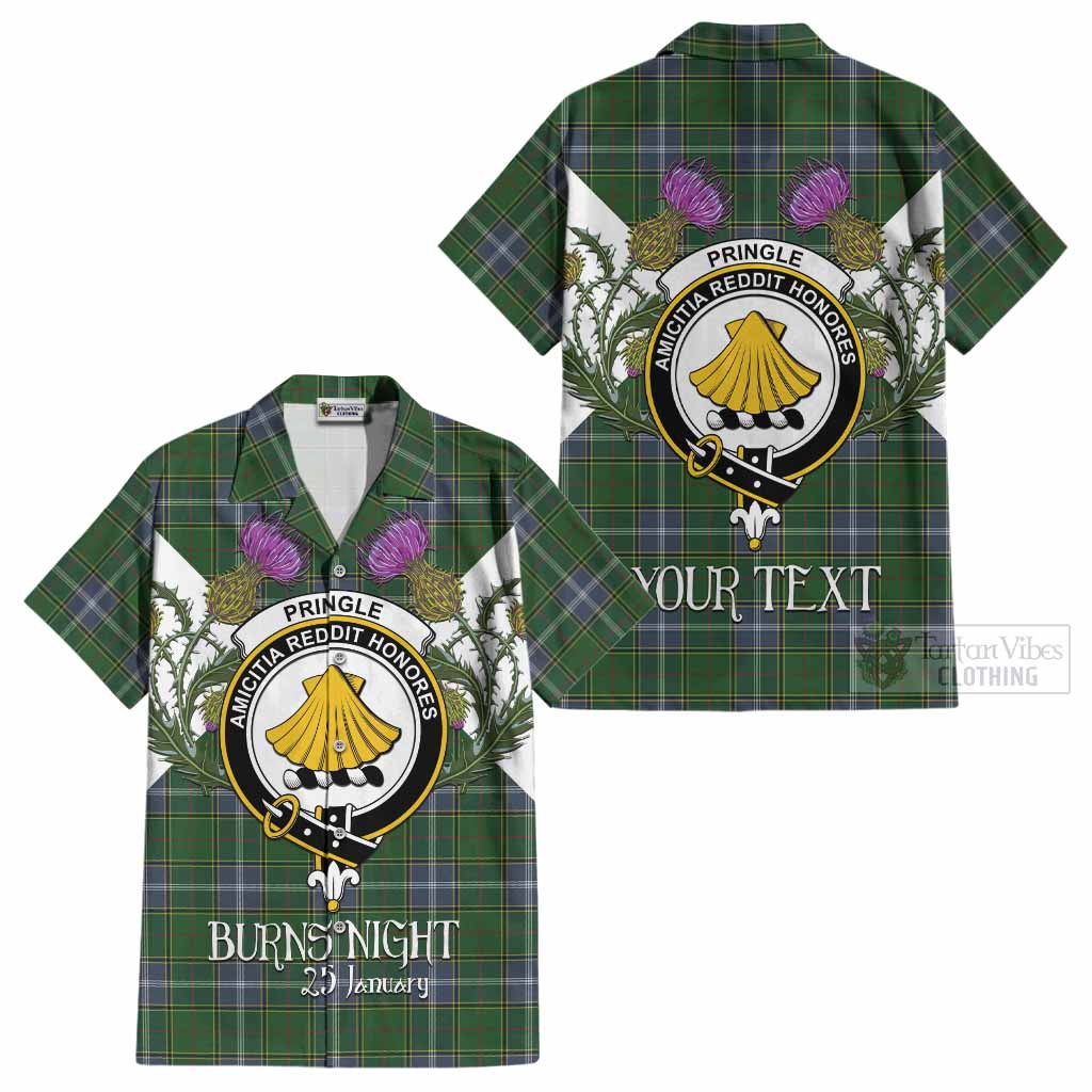 Pringle Tartan Family Crest Cotton Hawaiian Shirt Scottish Burns Night Thistle Floral