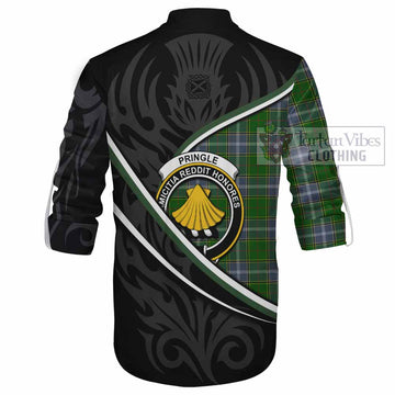 Pringle Tartan Family Crest Ghillie Kilt Shirt Celtic Scottish Thistle Floral