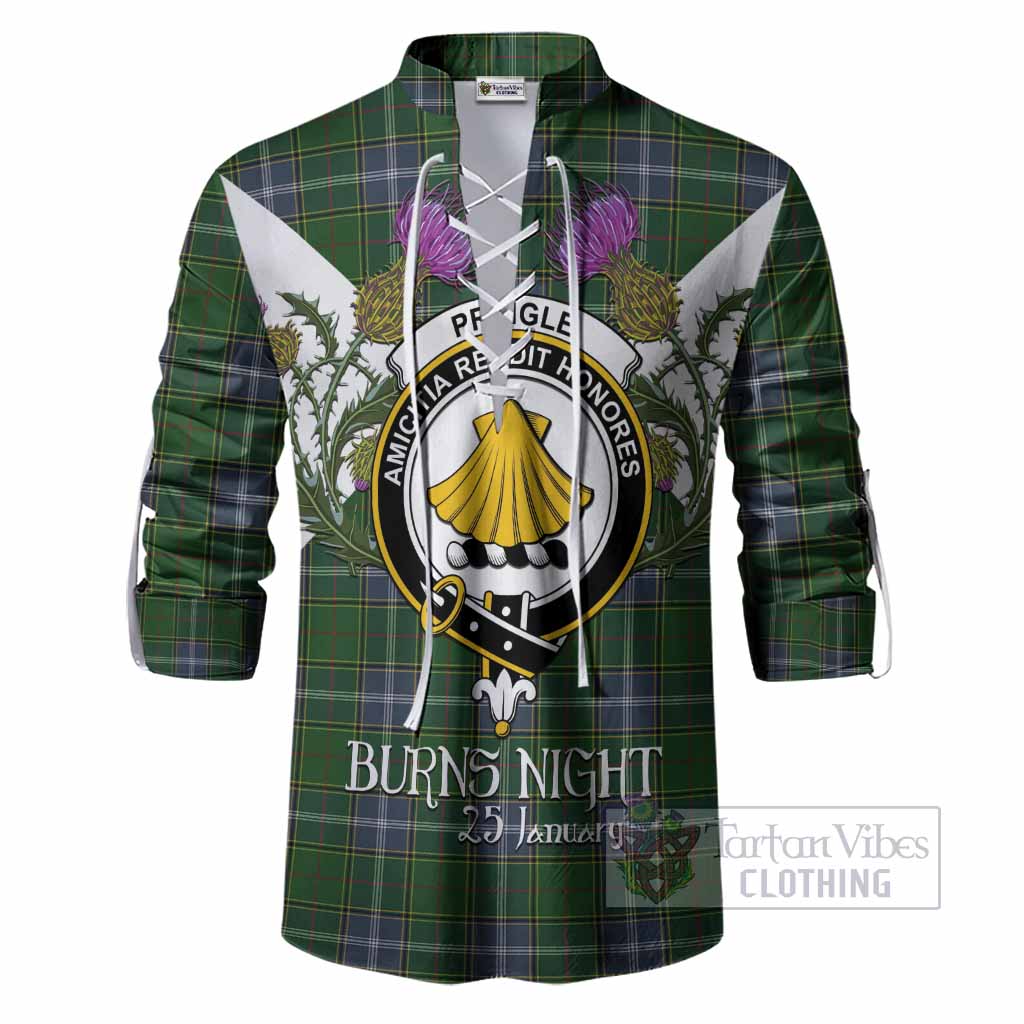 Pringle Tartan Family Crest Ghillie Shirt Scottish Burns Night Thistle Floral
