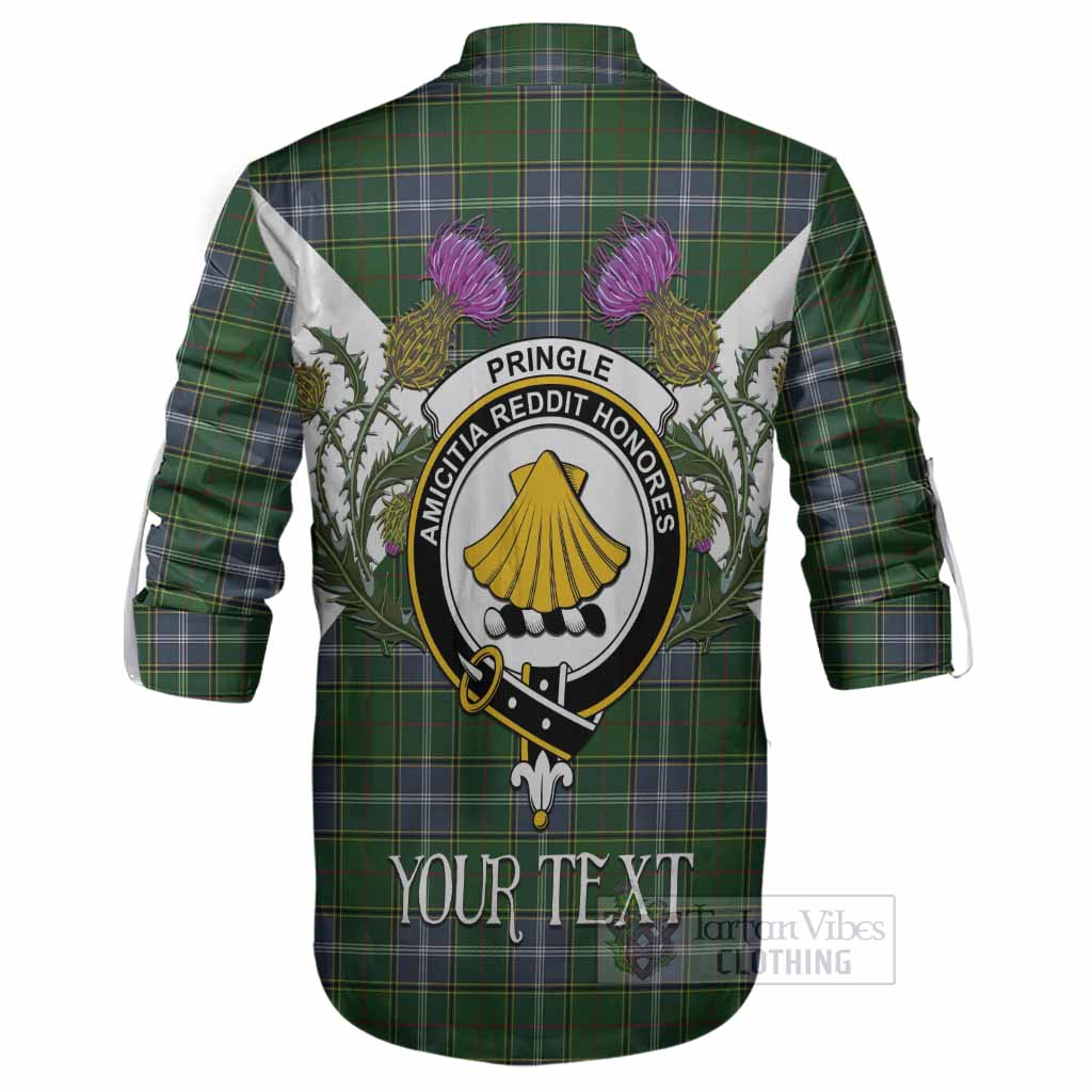 Pringle Tartan Family Crest Ghillie Shirt Scottish Burns Night Thistle Floral