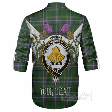 Pringle Tartan Family Crest Ghillie Shirt Scottish Burns Night Thistle Floral