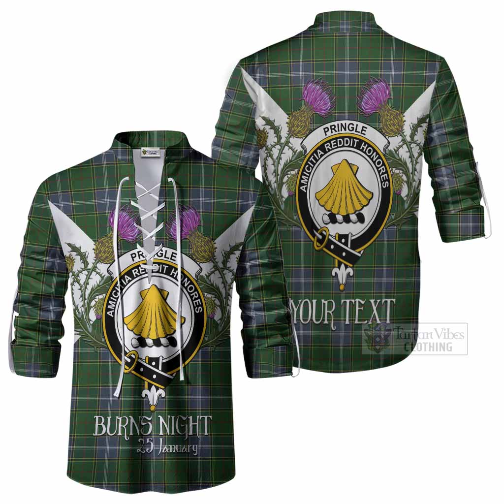 Pringle Tartan Family Crest Ghillie Shirt Scottish Burns Night Thistle Floral