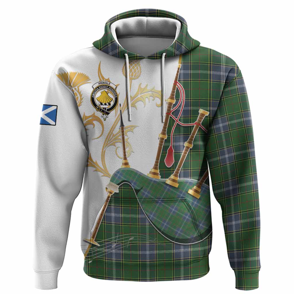Pringle Tartan Family Crest Hoodie Bagpipes with Scottish Thistle