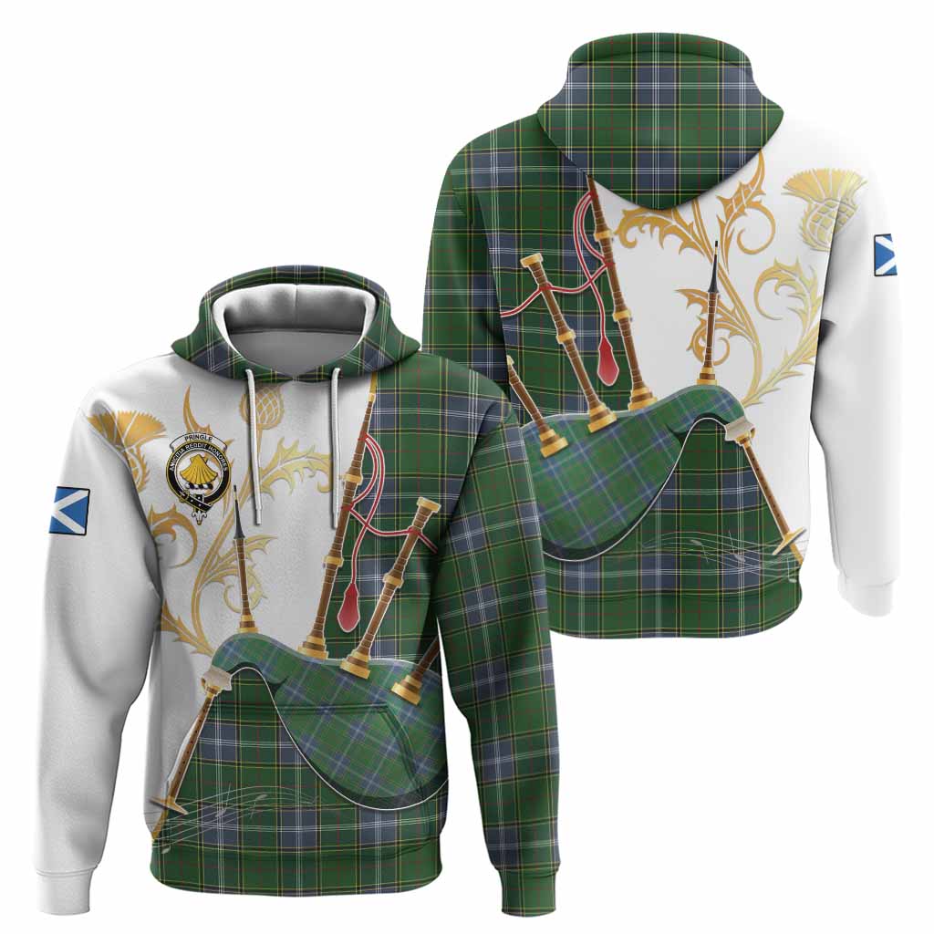 Pringle Tartan Family Crest Hoodie Bagpipes with Scottish Thistle