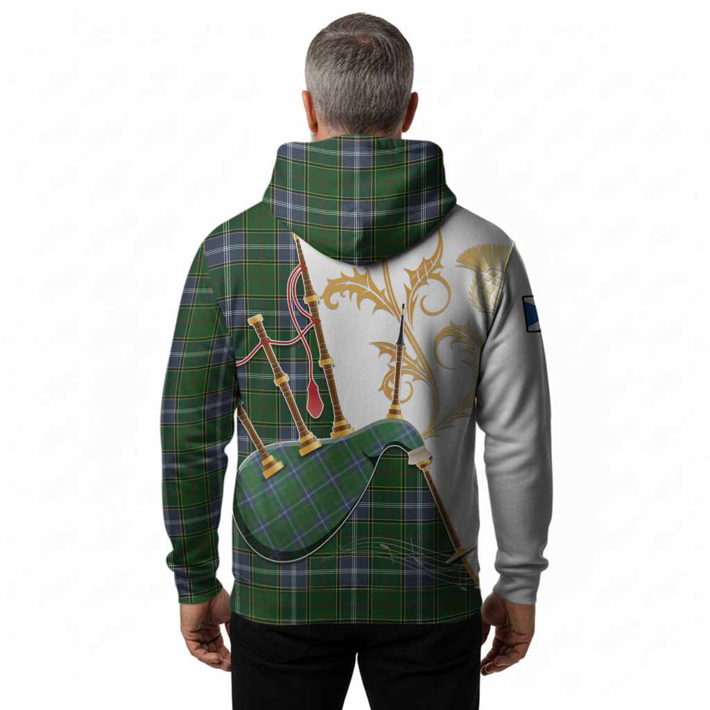 Pringle Tartan Family Crest Hoodie Bagpipes with Scottish Thistle