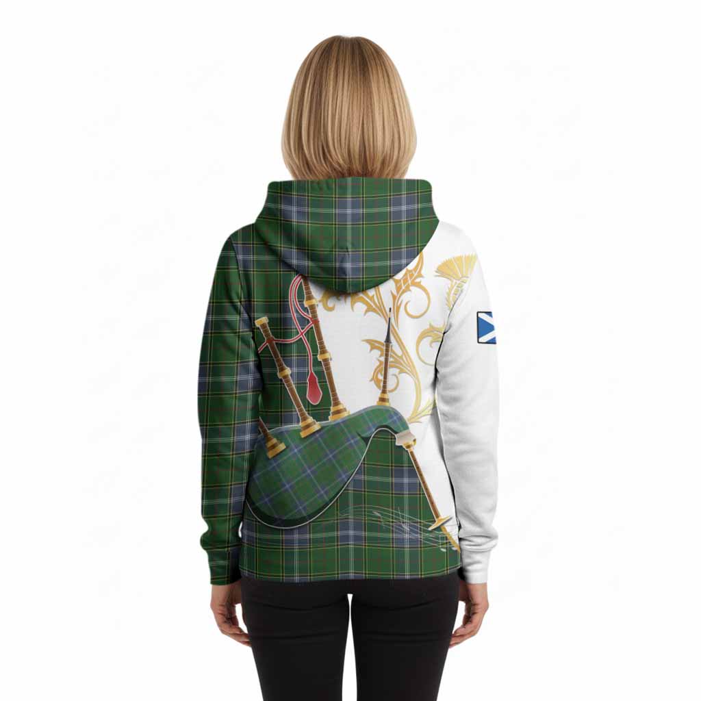 Pringle Tartan Family Crest Hoodie Bagpipes with Scottish Thistle